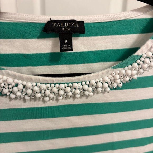 Talbots White & Green Striped Tee with Beaded Necklace Trim - Picture 5 of 7